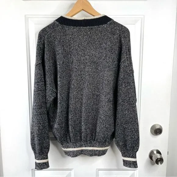 Vintage Sweater Lightning Bolt Patch Black Tan Grandpa Cardigan Size Small - Picture 9 of 12